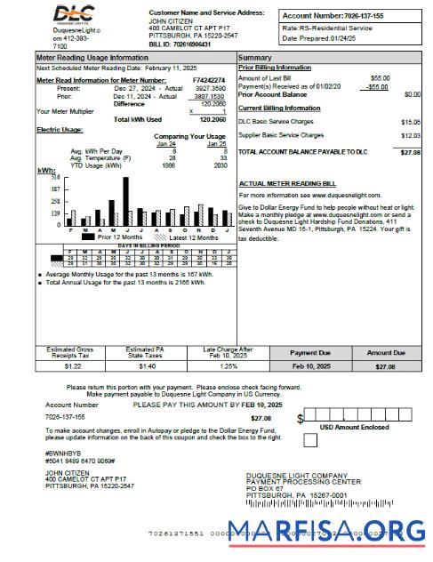 Realistic USA Duquesne Light Company utility bill template in Word and PDF formats